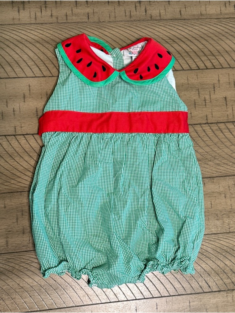 Green Gingham Watermelon Collar Baby One-Piece - Red Accent